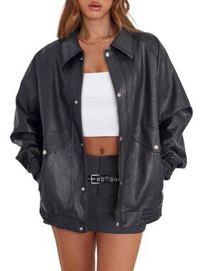 Women's Charcoal Grey Faux Leather Jacket Oversized Y2k Autumn Winter Coat
